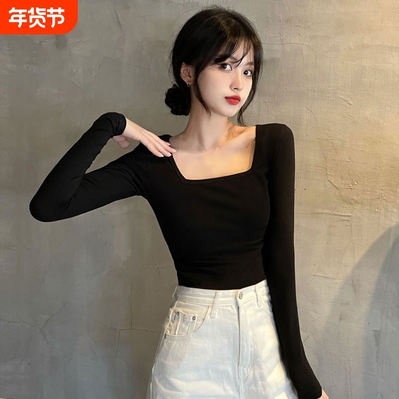 黑色方领打底衫女秋冬新款内搭正肩长袖t恤低领修身气质早春上衣,女士内衣/男士内衣/家居服,吊带/背心/T恤/打底/肌底衣,淘宝优惠券,粉丝福利购,淘宝优惠卷