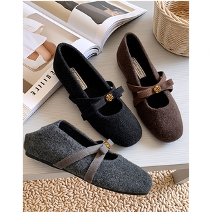平底 子女秋冬加绒蝴蝶结单鞋 羊绒版 山茶花内增高5cm毛毛玛丽珍鞋