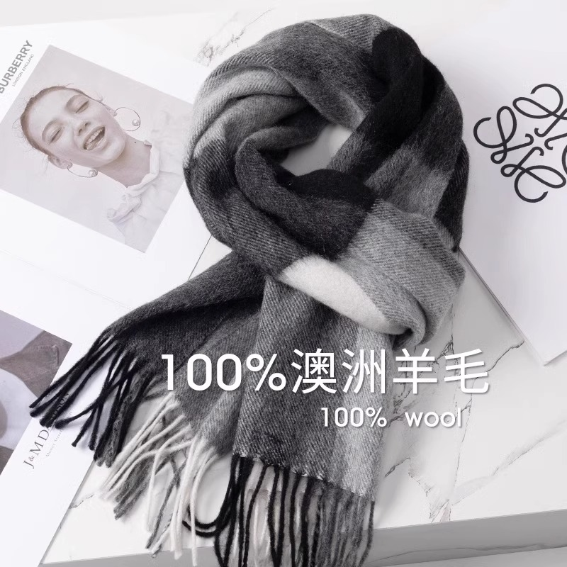 尖货100%澳洲羊毛格子围巾女秋冬季百搭男保暖情侣窄围脖生日礼物