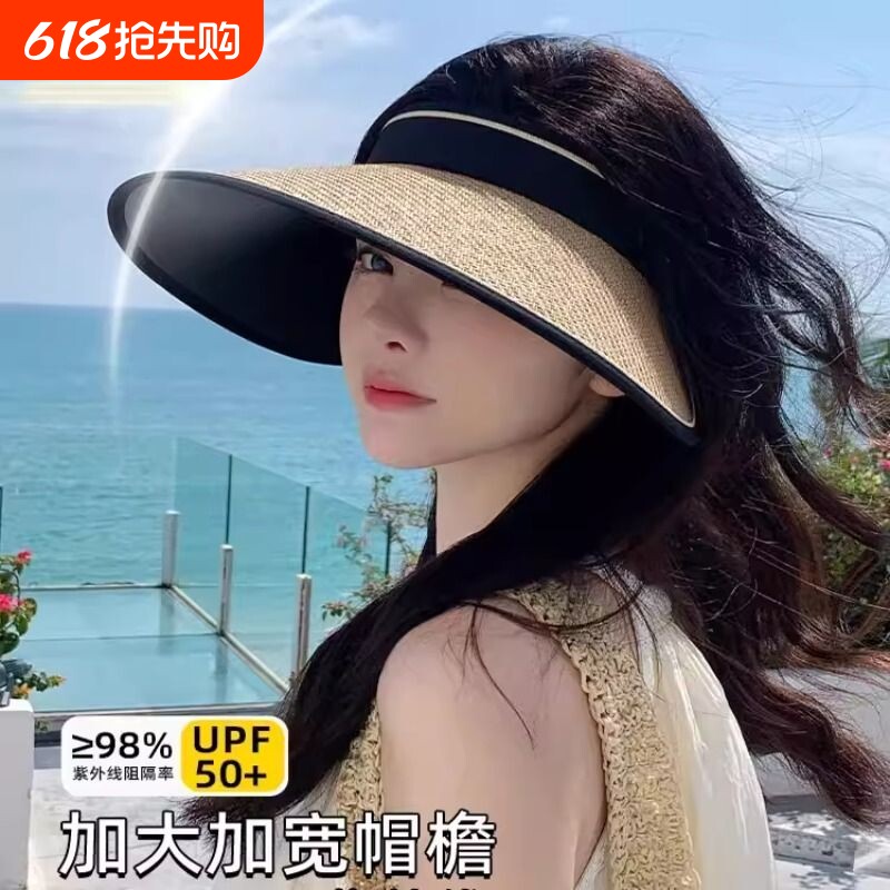 2026新品草编空顶帽子女生夏骑车防晒黑胶遮阳帽日式大檐太阳帽潮