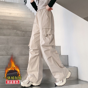 女童加绒工装裤秋冬2026新款初中生女孩阔腿裤女大童加厚裤子外穿