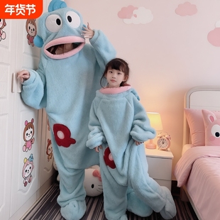 丑鱼儿童可爱搞怪连体睡衣女亲子法兰绒秋冬加厚珊瑚绒卡通家居服