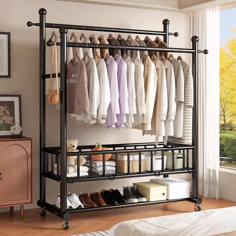 双杆挂衣架落地卧室家用可移动挂衣服架子室内晾衣架衣帽架钢管