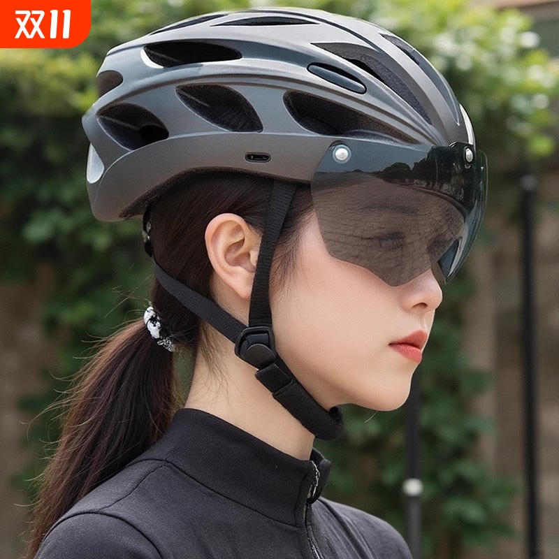 自行车头盔带风镜骑行头盔一体成型男女山地公路车安全帽