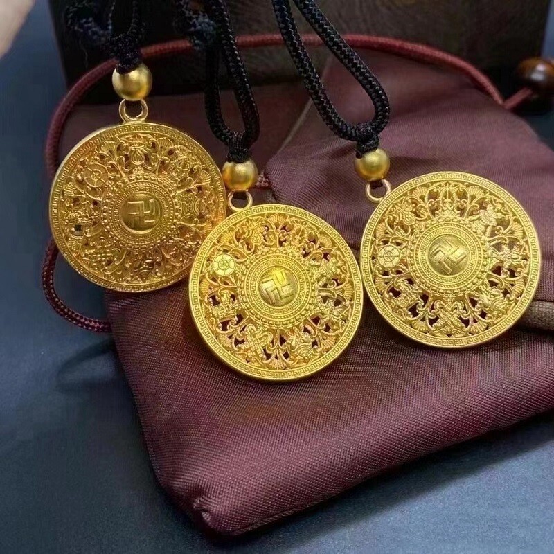 纯沙金项链八宝罗盘吊坠女男福字镂空时来运转锁骨链足金银葫芦
