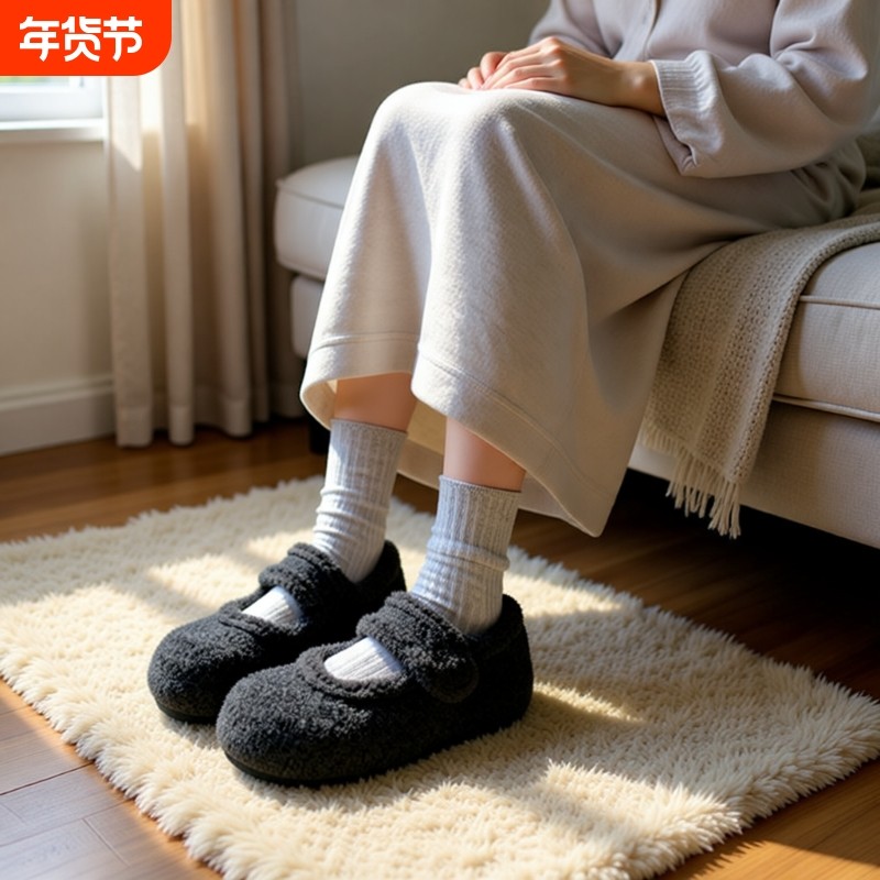 加绒玛丽珍鞋女冬毛毛鞋2025年新款内增高毛呢料配大衣勃肯棉鞋子,女鞋,毛毛鞋,淘宝优惠券,粉丝福利购,淘宝优惠卷