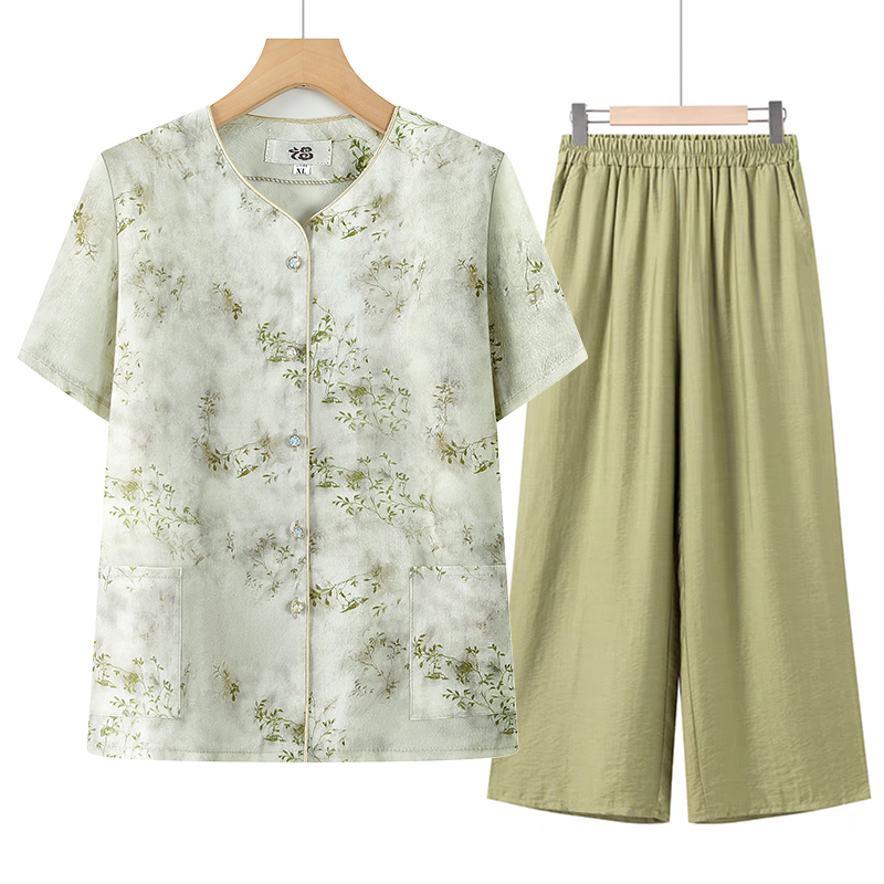 妈妈夏装衬衫奶奶装夏季短袖衬衣老年人衣服女老太太宽松上衣套装