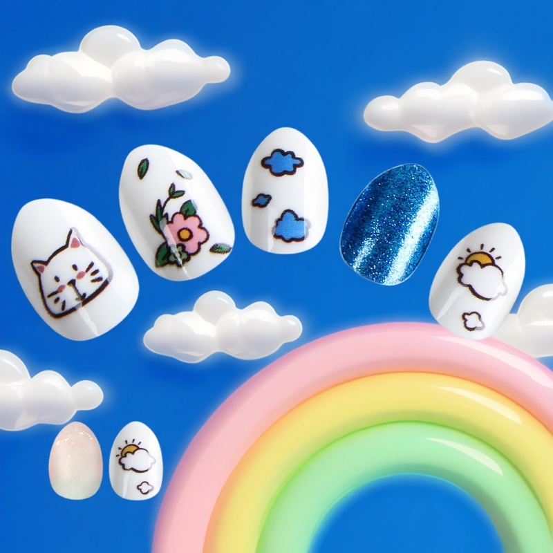 儿童穿戴甲自带背胶指甲贴片尖头杏仁24片成品美甲片蓝色小猫卡通