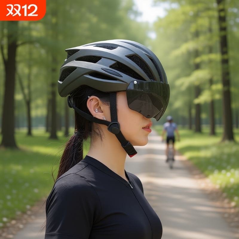 公路骑行自行车头盔带风镜一体成型骑行头盔男女山地公路车安全帽