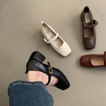 复古方头浅口粗跟单鞋女春秋新款法式晚风仙女软皮玛丽珍小皮鞋子