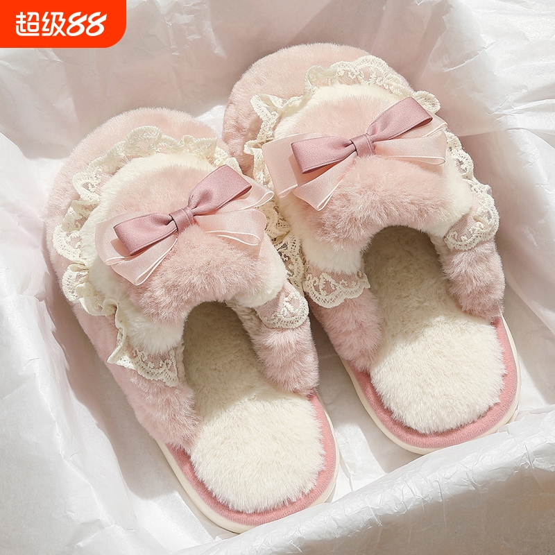 蝴蝶结棉拖鞋女士秋冬季毛绒保暖
