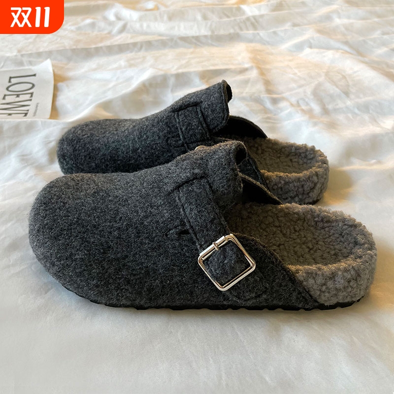 方鱼鹿毛毡绒面勃肯拖鞋女2025年秋冬一脚蹬薄绒穆勒鞋灰色平底