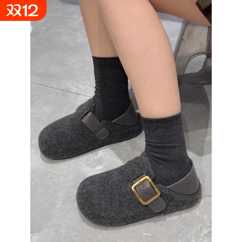 勃肯鞋女灰色秋冬新款毛呢厚底百搭两穿毛毛鞋加绒保暖穆勒鞋棉鞋
