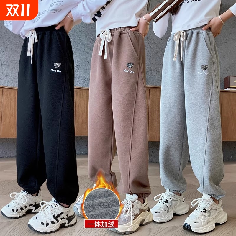 女童裤子春秋新款装冬季胖孩黑色中大童儿童运动卫裤加绒加厚长裤