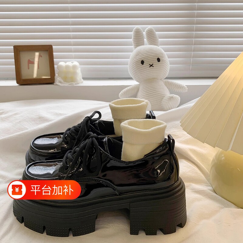 厚底小皮鞋女春秋夏季新款粗跟英伦风金色单鞋子日系圆头网纱系带
