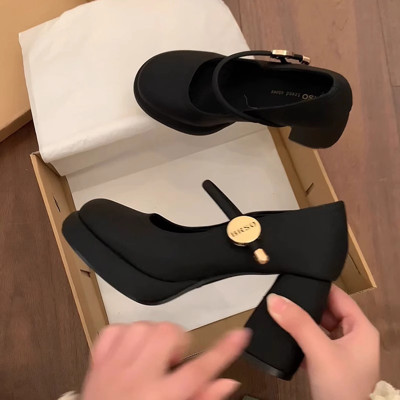 黑色法式小个子粗跟高跟鞋女2025新款春秋配裙子玛丽珍浅口小皮鞋