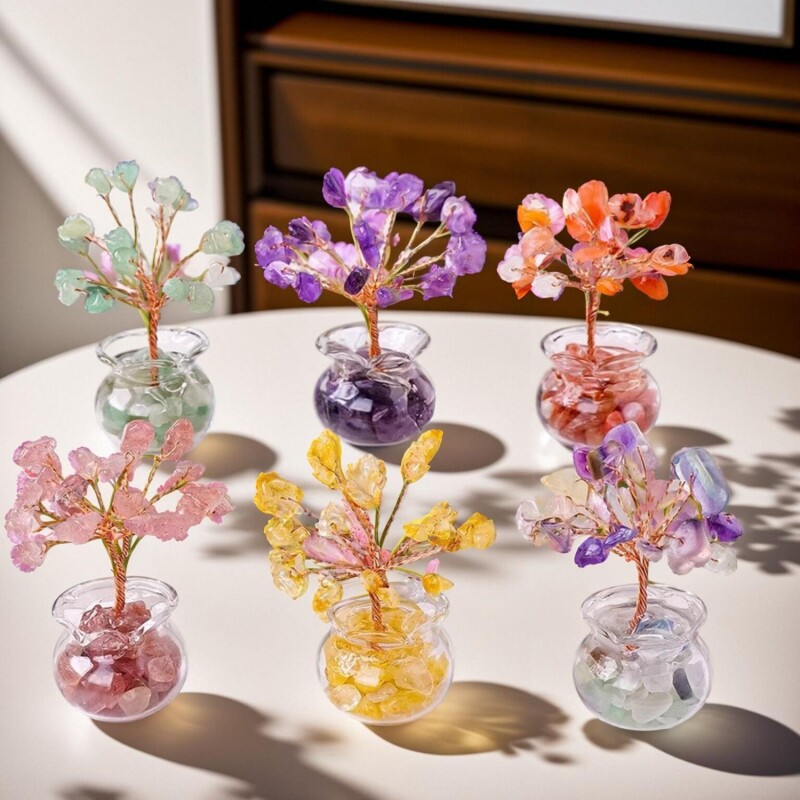 天然水晶碎石手工编织家居车载迷你水晶发财树小摆件黑曜石