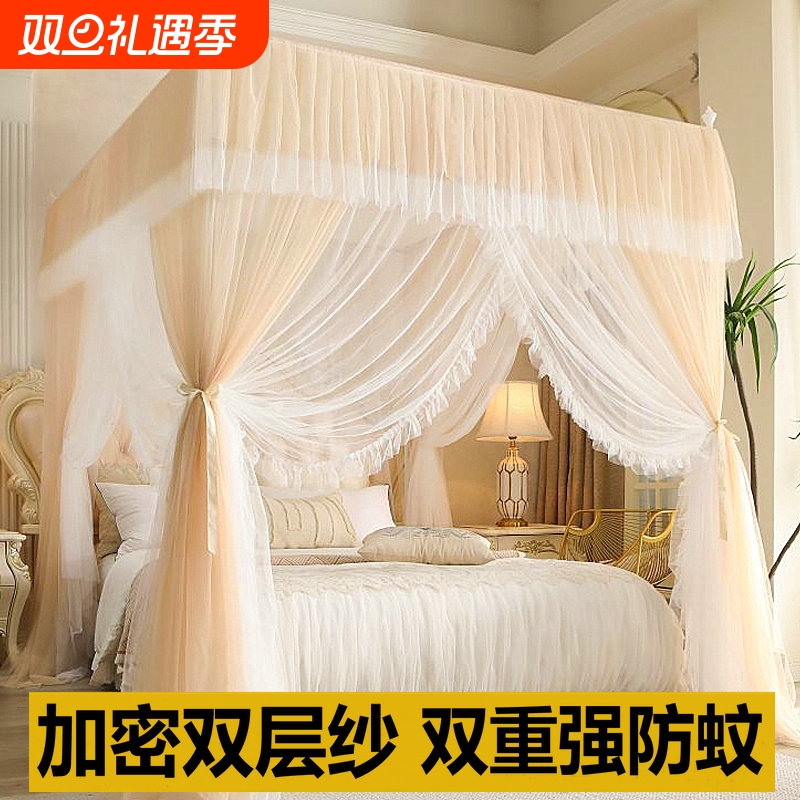 落地双层纱蚊帐2025新款家用卧室公主风三开门加厚加密宫廷纹帐子