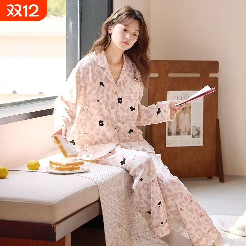 卡通带胸垫睡衣女款春秋季薄款长袖长裤两件套薄款夏天纯棉家居服