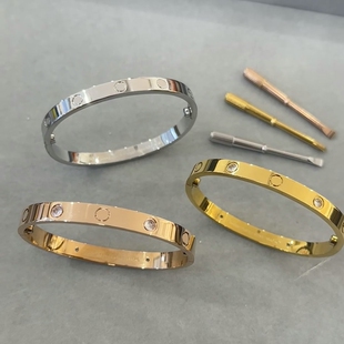 经典款手镯男女款18K玫瑰金宽窄版镶钻情侣款轻奢百搭手环不掉色