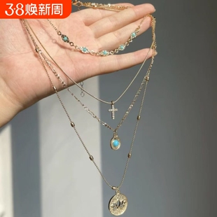 「biu boom」复古镂空花朵十字架项链甜酷风高级感多层叠戴锁骨链