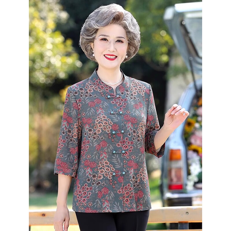 奶奶衬衫老年人春夏装女七分袖妈妈衬衣服70岁80唐装套装上衣红色