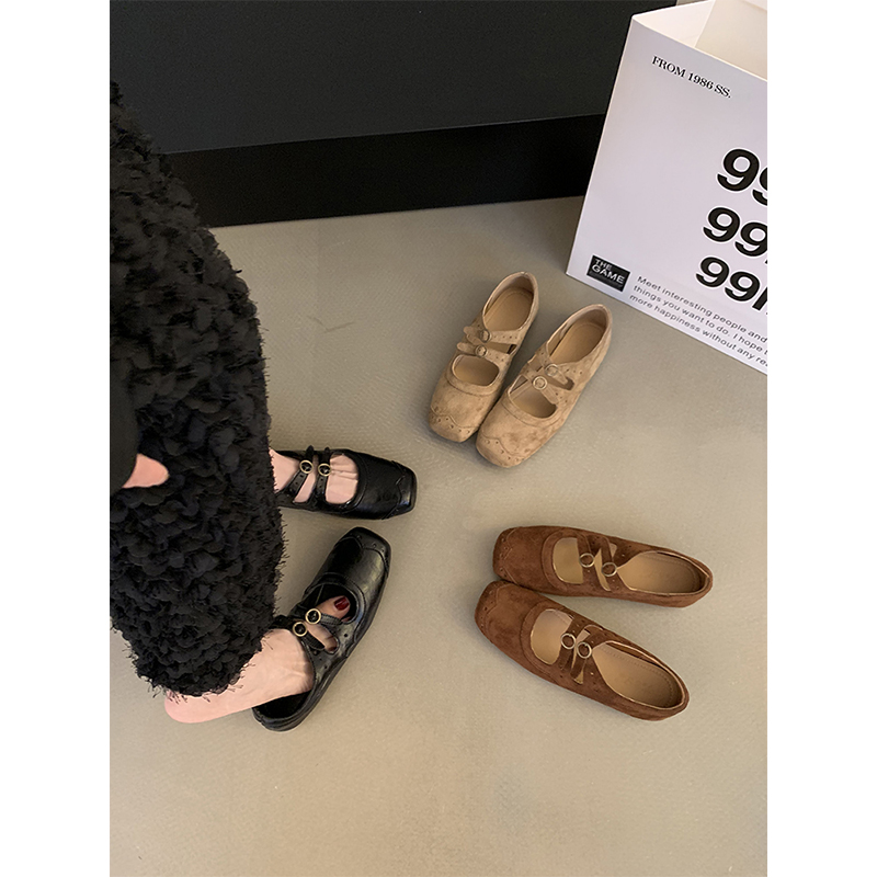 复古棕色方头玛丽珍鞋芭蕾舞鞋女2025新款法式浅口单鞋女鞋子平底