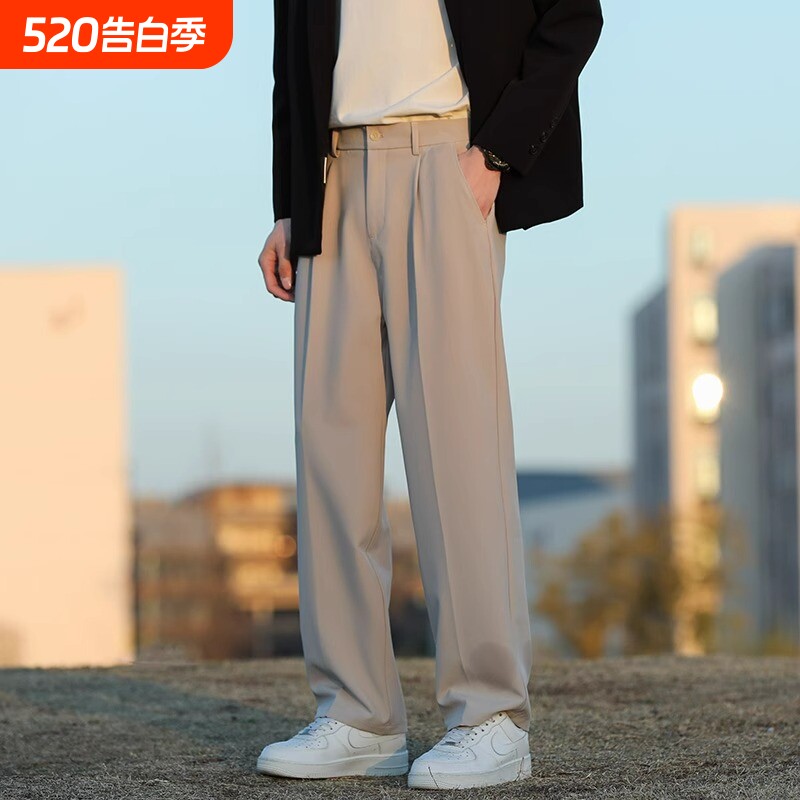 春秋款西裤男士夏季宽松高级垂坠感直筒西装裤男生休闲裤子卡其色