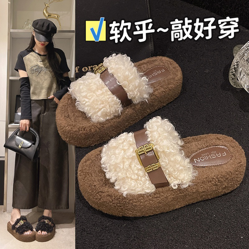 毛绒拖鞋女外穿2025新款秋冬厚底增高网红超火高级感居家棉拖鞋子