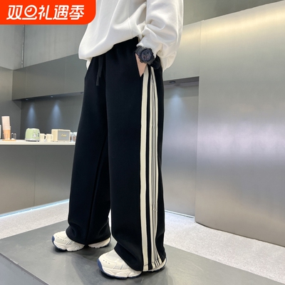 男童秋装裤子2025新款春秋冬款加绒加厚运动秋季长裤潮黑色阔腿