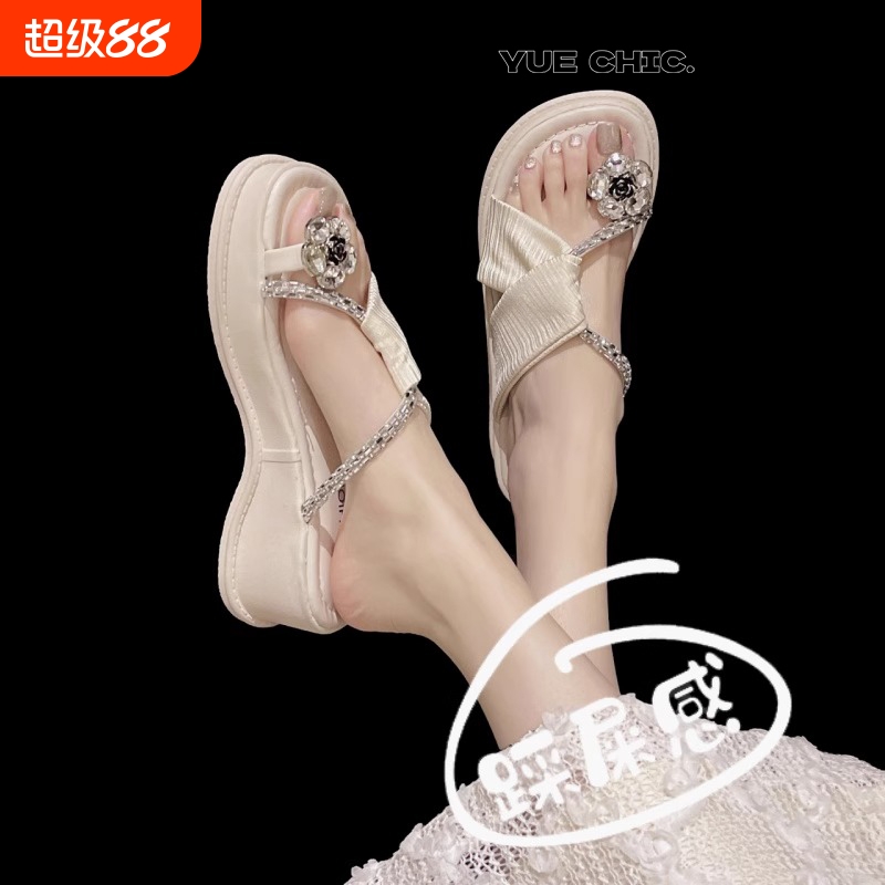 法式厚底仙女风外穿拖鞋女2025夏季新款水钻一字套趾凉鞋小码34码