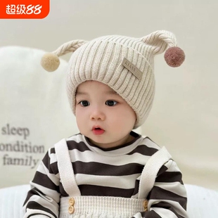 婴儿帽子秋冬季韩版可爱触角针织帽男童女宝宝冬天护耳加厚毛线帽