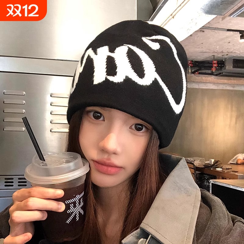 2025秋冬保暖双层美式毛线冷帽百搭针织帽子女骑行加厚潮圆脸爬山