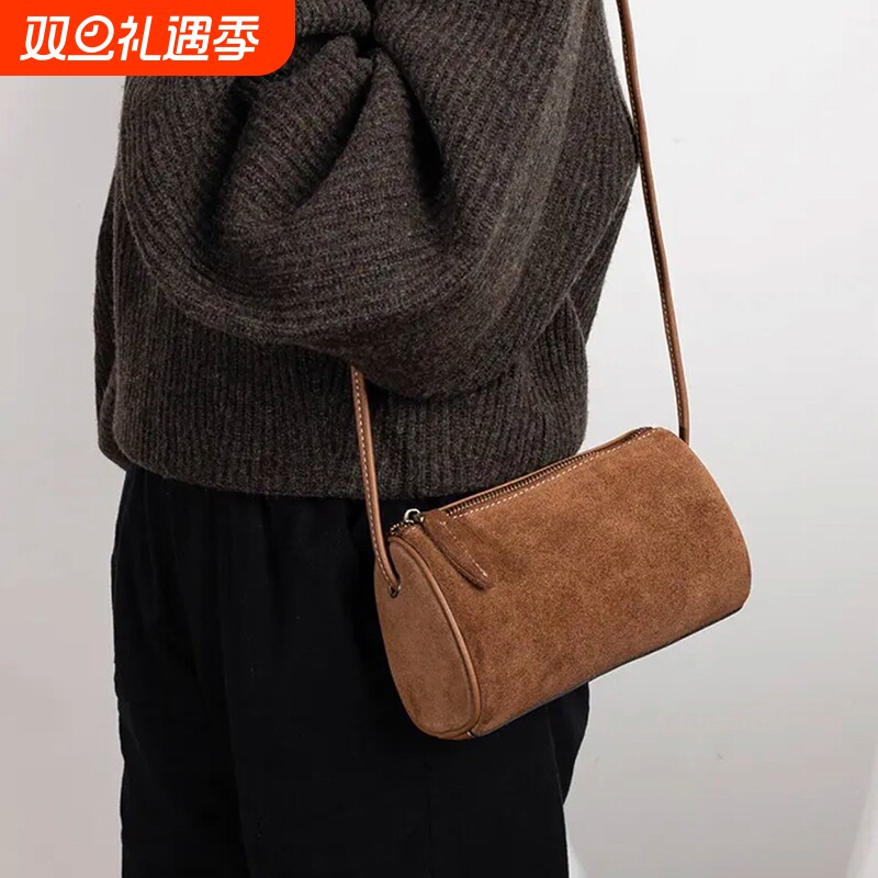 秋冬季小众手机包时尚休闲复古绒面软皮圆筒包水桶包单肩斜跨女包