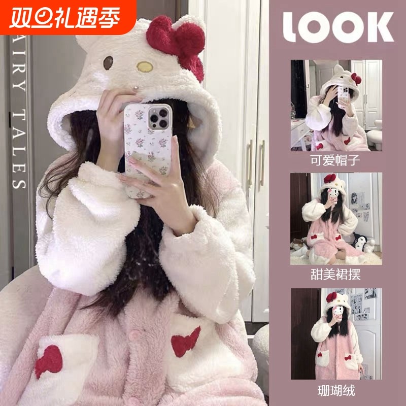 珊瑚绒睡衣女款2025新款秋冬季加绒加厚长超火猫咪睡袍睡裙家居服