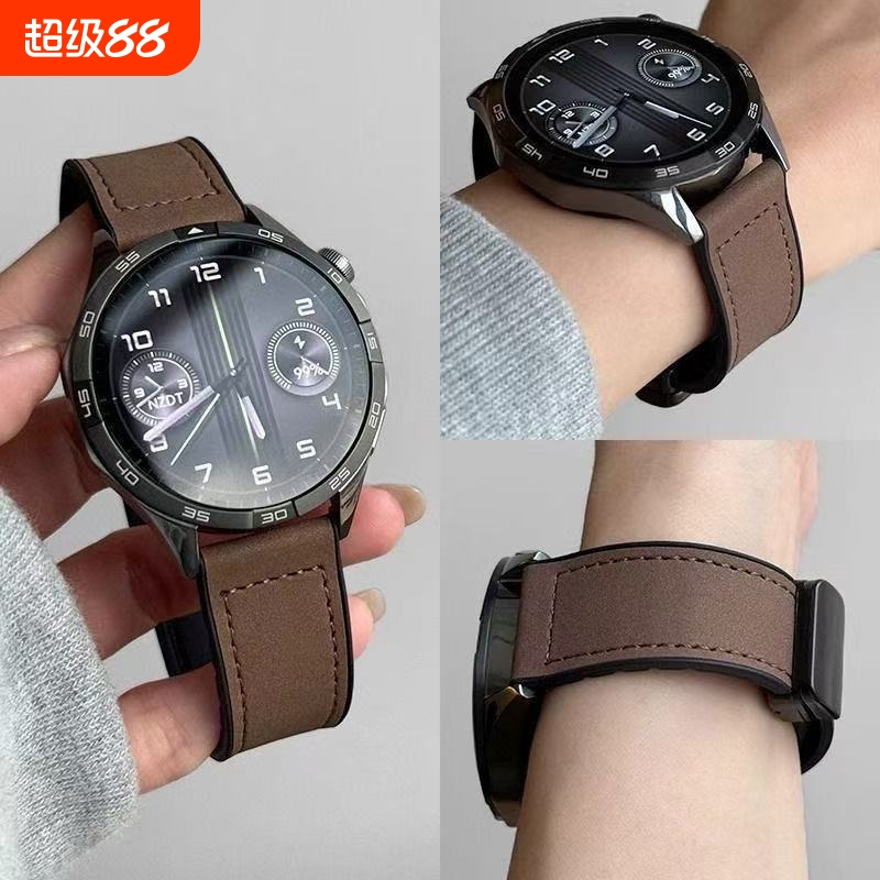 适用华为GT5疯马纹皮质表带watch3pro手表gt4新款pro男款watchgt5磁吸gt3真皮智能4pro运动gt女2男buds秋冬款