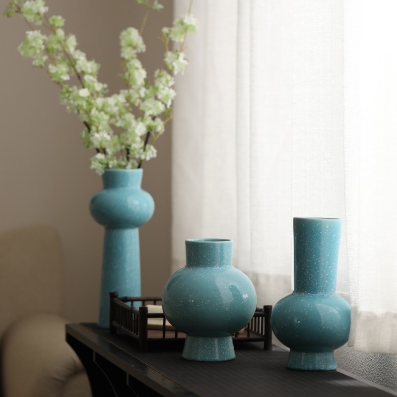 景德镇现代简约花器蓝色高级感法式陶瓷花瓶书房客厅插花装饰摆件