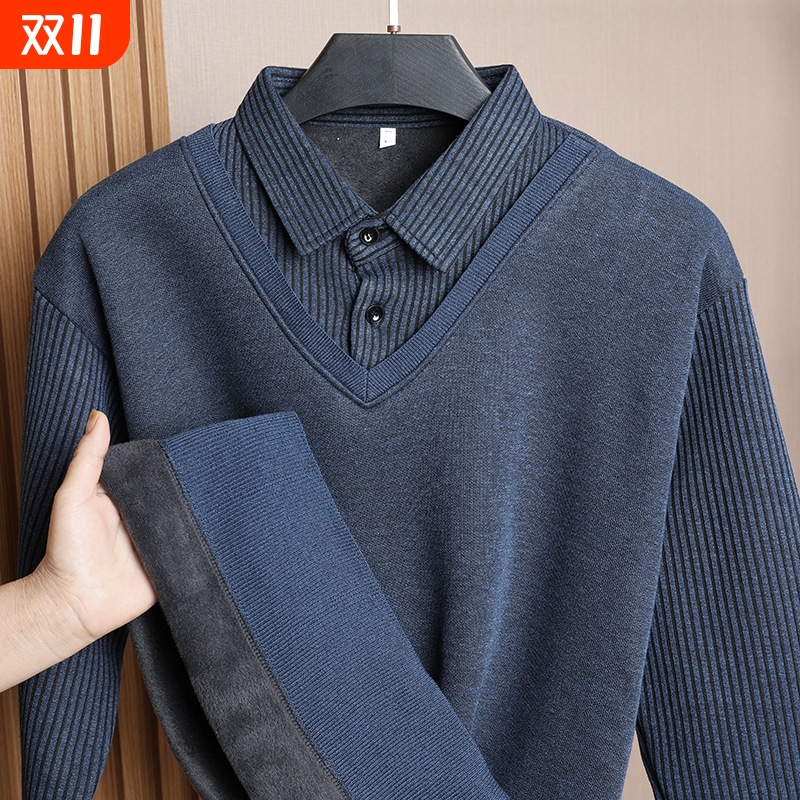 2025冬新款男士翻领假两件衬衫领针织衫加绒加厚休闲保暖条纹毛衣