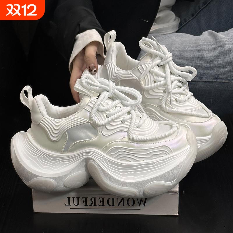 欧货真皮厚底松糕老爹鞋女2025秋季新款百搭小个子增高休闲运动鞋