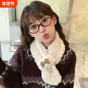 围巾女秋冬季毛绒可爱小猫咪保暖学生短款交叉围脖白色粉色黑色