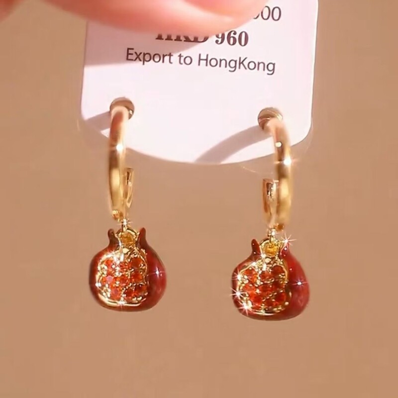 轻奢高级感红色石榴如意耳环女时尚气质闪钻耳扣小众设计感耳饰新