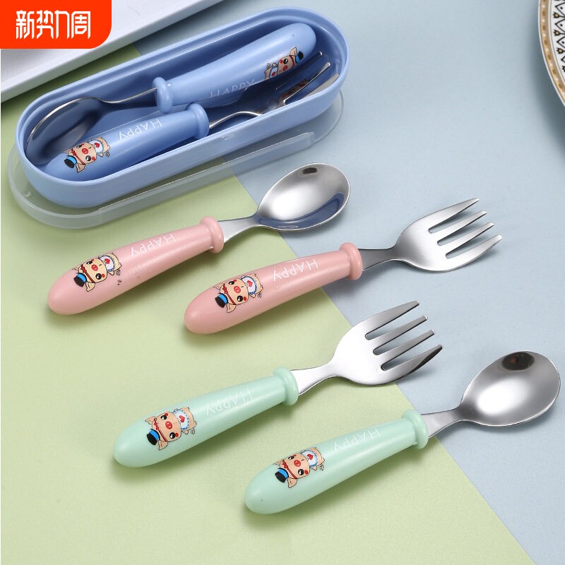 304不锈钢叉子勺子儿童餐具便携套装6宝宝学吃饭专用训练叉勺辅食