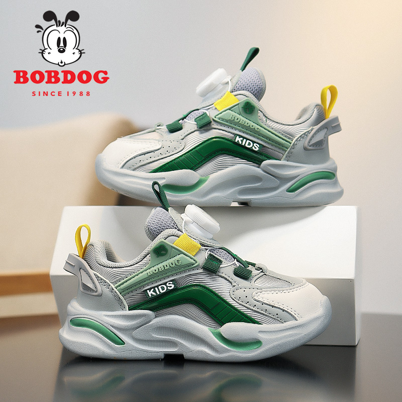 巴布豆男童鞋子皮面防水2025春秋新款潮流防滑旋转扣儿童运动鞋