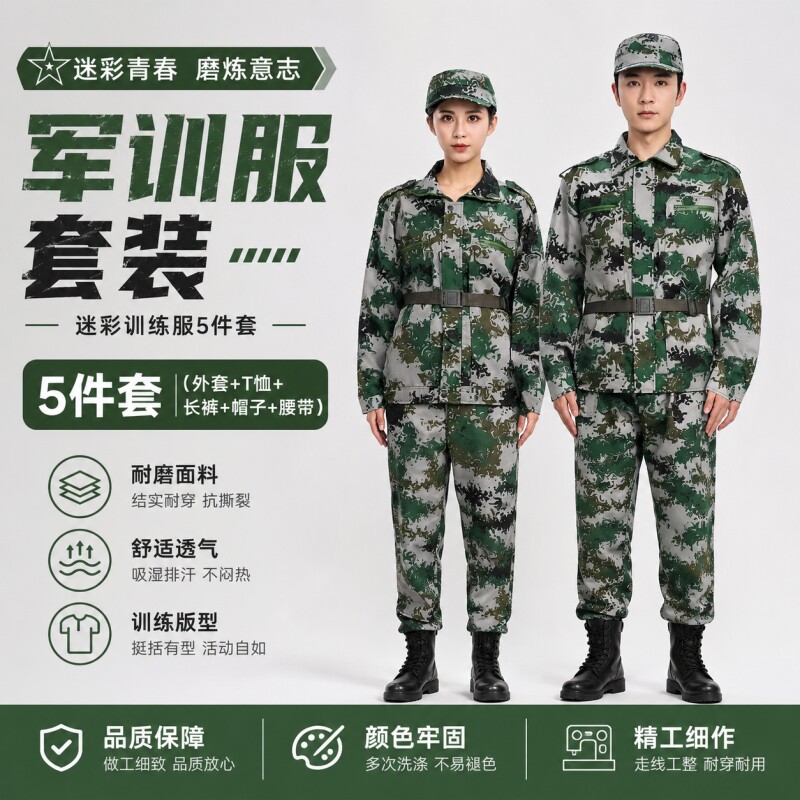 纯棉军训服迷彩服套装大学男女夏季初高中绿色耐磨上衣户外校服