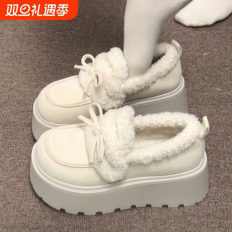 复古白色勃肯毛毛鞋女外穿2025新款冬季加绒保暖厚底一脚蹬棉鞋子