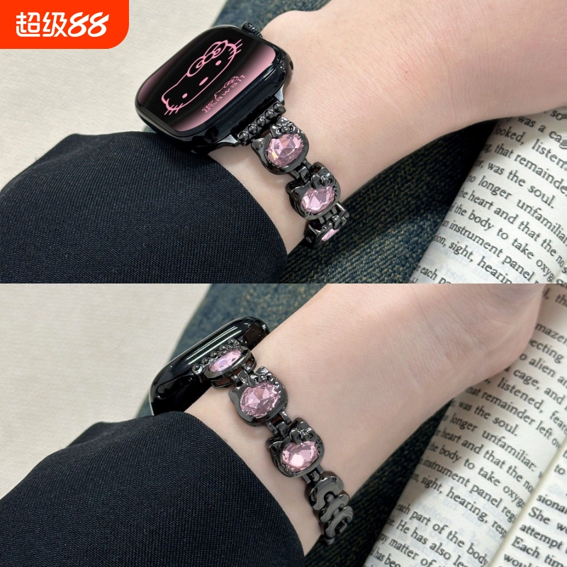 适用iWatchS11新款kitty猫镶钻夏天se3个性金属表带Applewatchs10/S9/S8/S7苹果手表女生ultra3运动金属高级