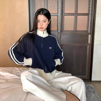 美式撞色长袖立领毛衣外套女2024春秋新款宽松棒球服开衫拉链上衣