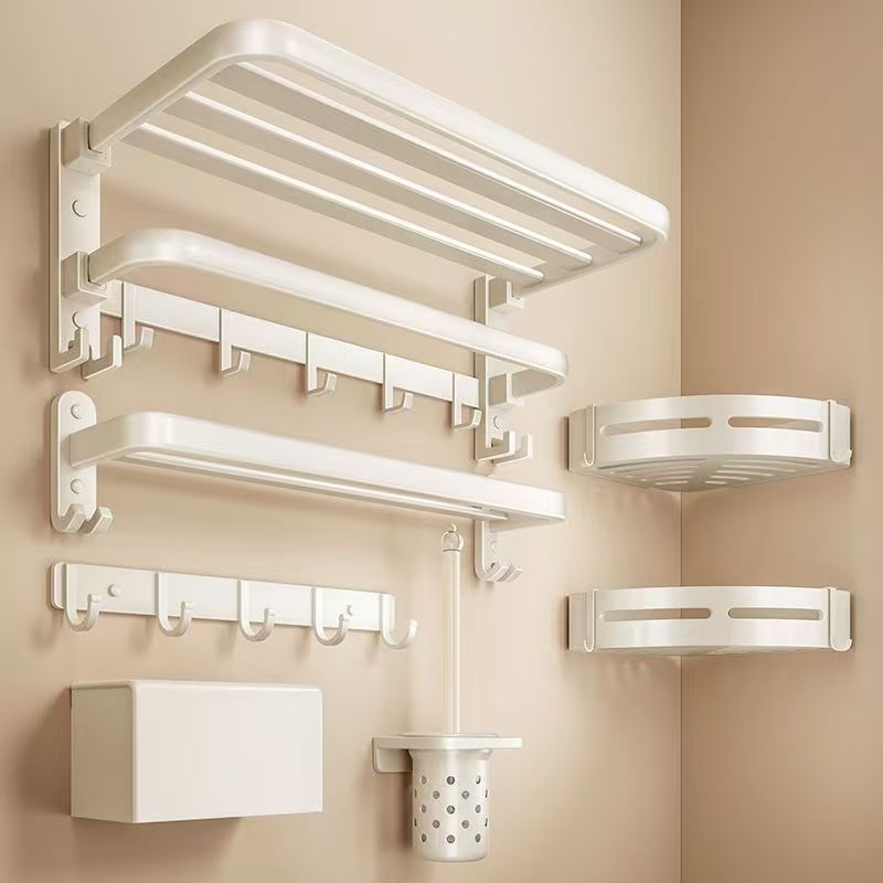 毛巾架卫生间免打孔浴巾架一体挂架套件厕所奶油风浴室架子置物架