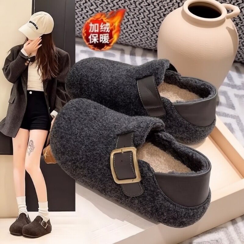 厚底毛呢勃肯鞋女外穿2025年秋冬新款百搭包头半拖鞋棉鞋平底豆豆