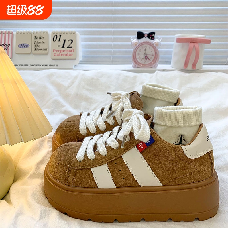 松糕厚底增高板鞋女款2025早秋新款复古条纹德训鞋休闲运动鞋圆头